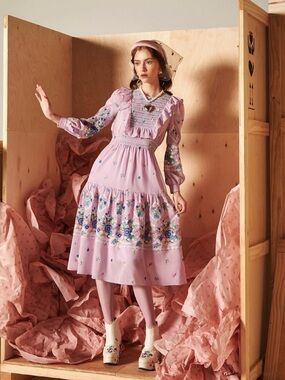 Lilac Floral Embroidered Ruffled Midi Dress